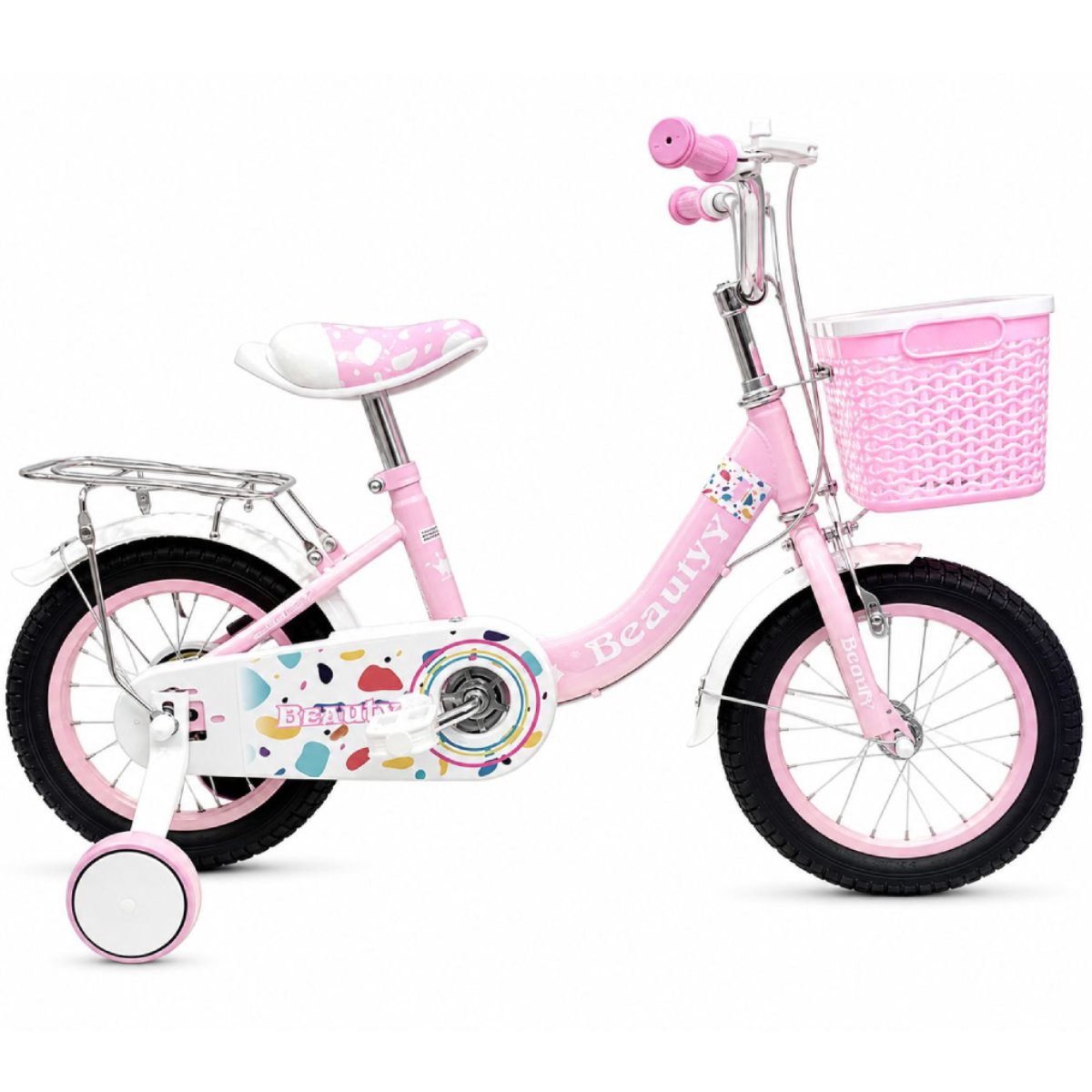 Vélo enfant fille 12 pouces Beauty rose avec panier et roulettes