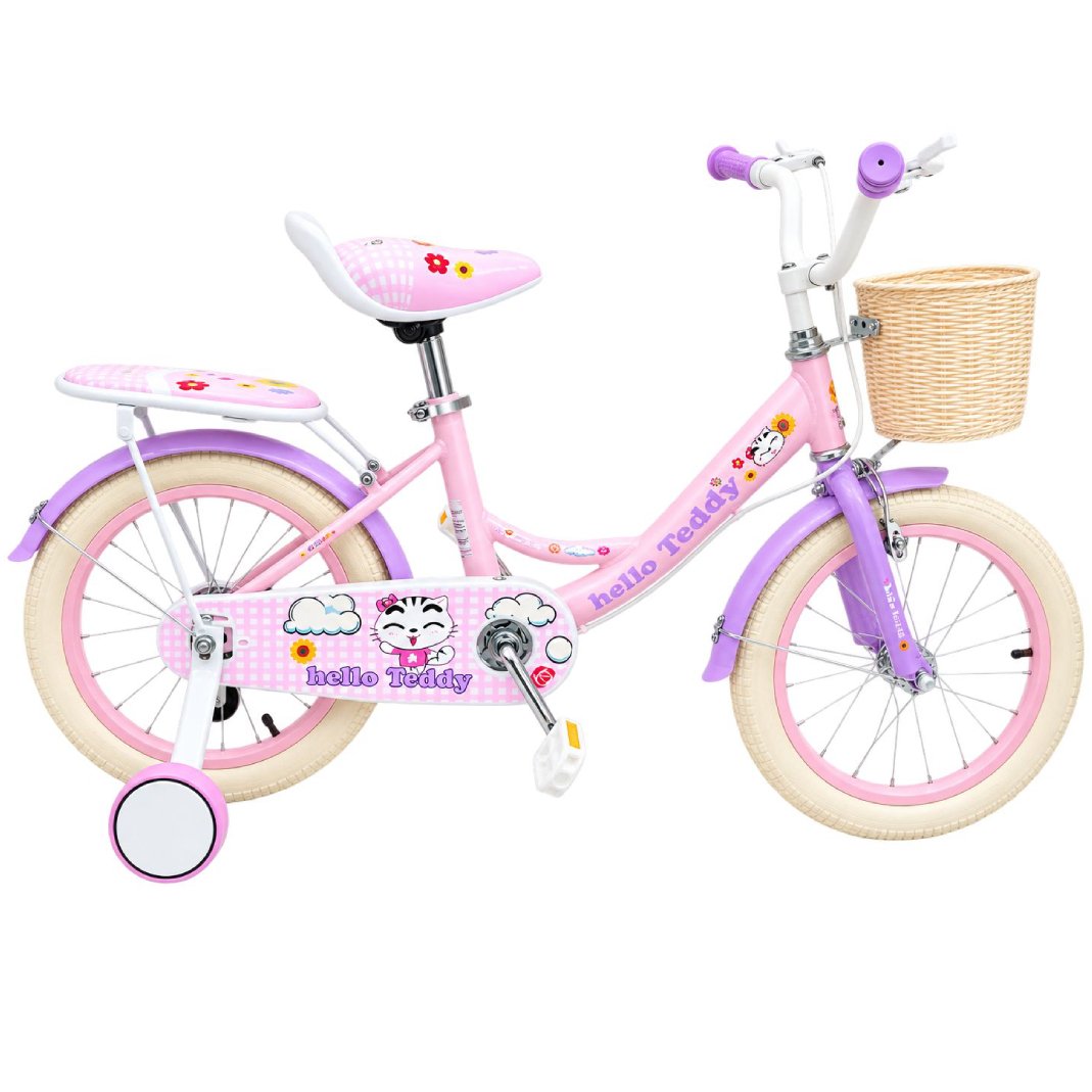 Vélo enfant fille 16 pouces Hello Teddy avec panier et roues stabilisatrices