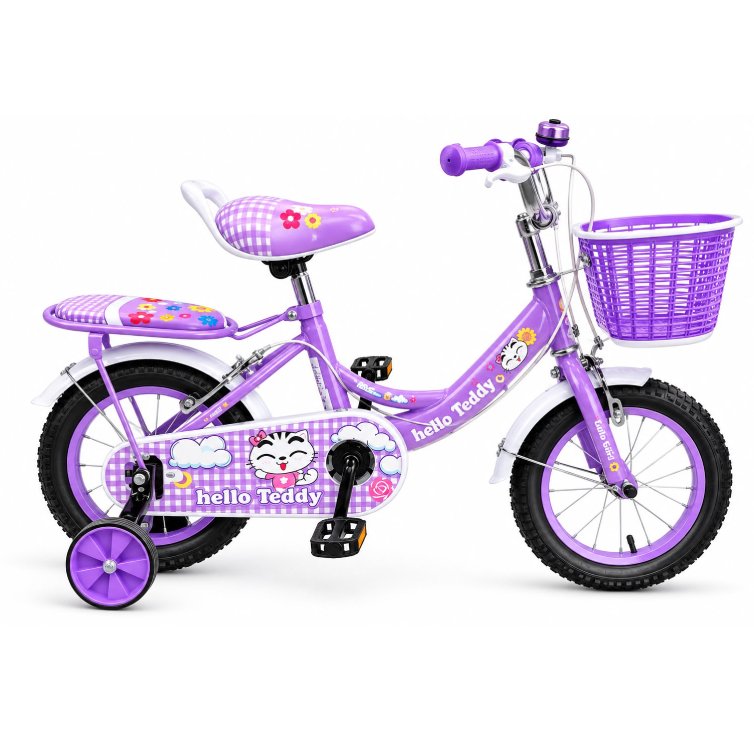 Vélo enfant 12 pouces fille Hello Teddy violet avec panier et roues stabilisatrices