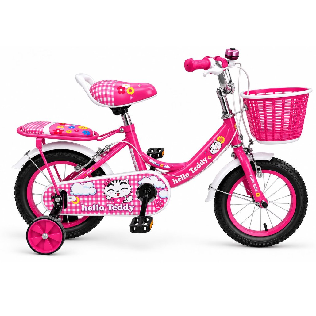 Vélo enfant 12 pouces fille Hello Teddy violet avec panier et roues stabilisatrices