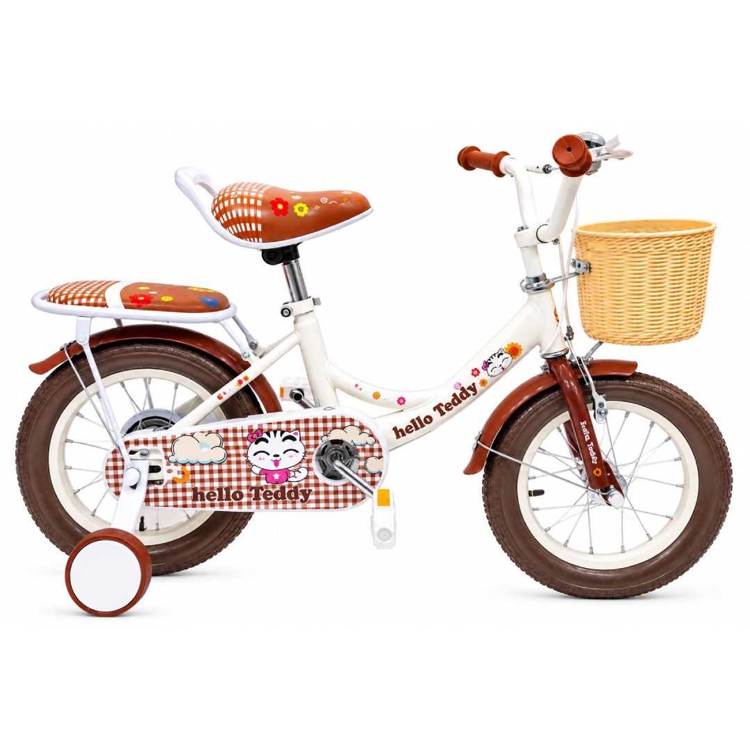 Vélo enfant fille 16 pouces Hello Teddy avec panier et roues stabilisatrices