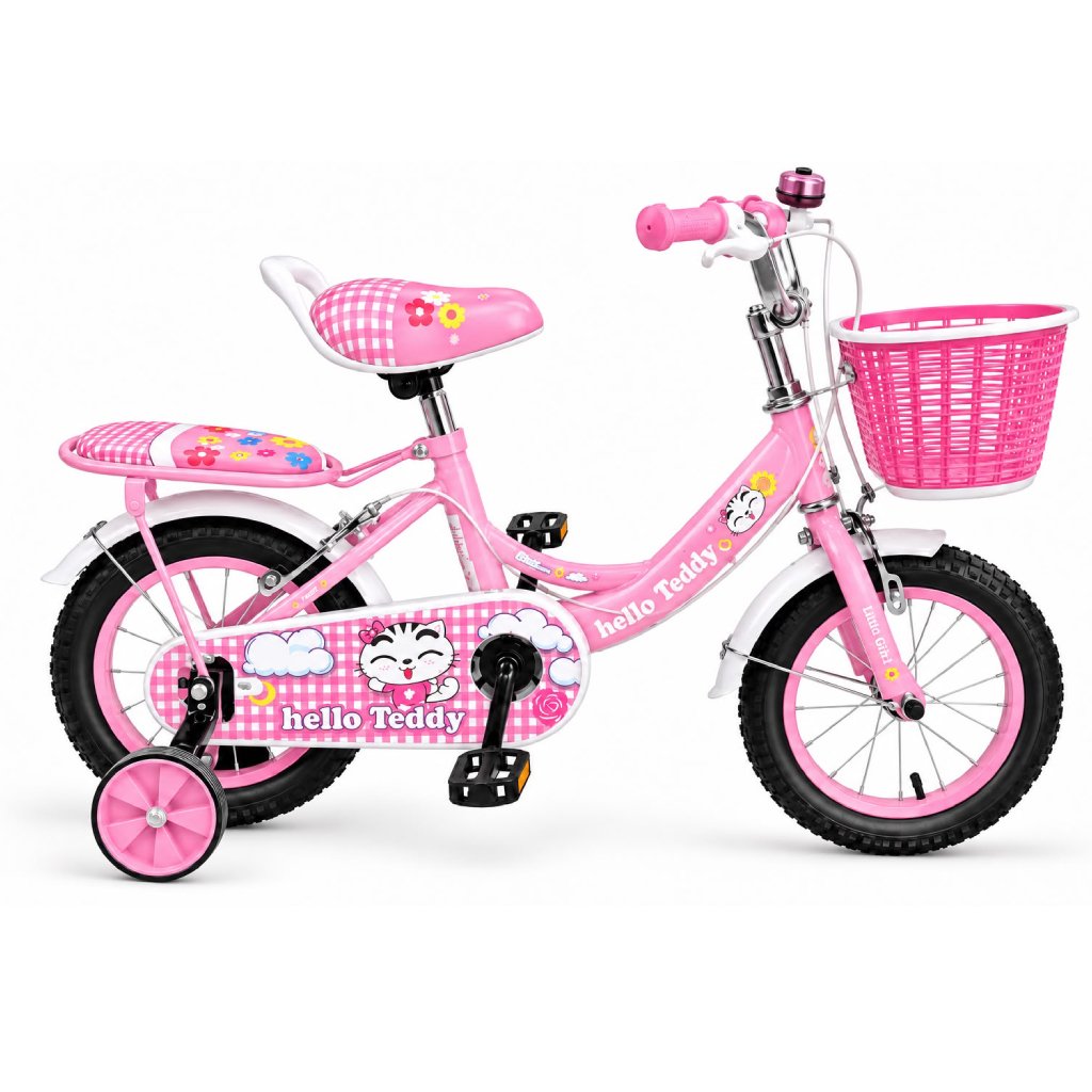 Vélo enfant 12 pouces fille Hello Teddy Rose avec panier et roues stabilisatrices
