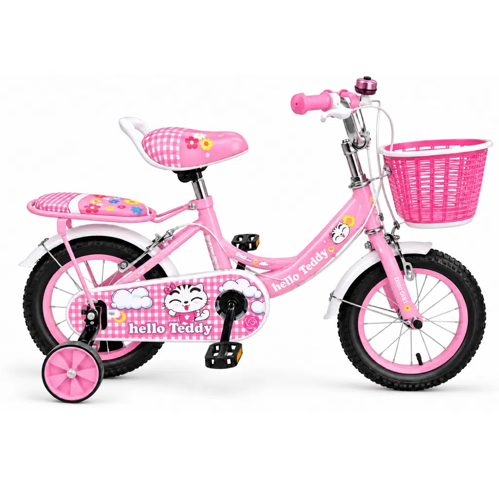 Vélo enfant 12 pouces fille Hello Teddy Rose avec panier et roues stabilisatrices